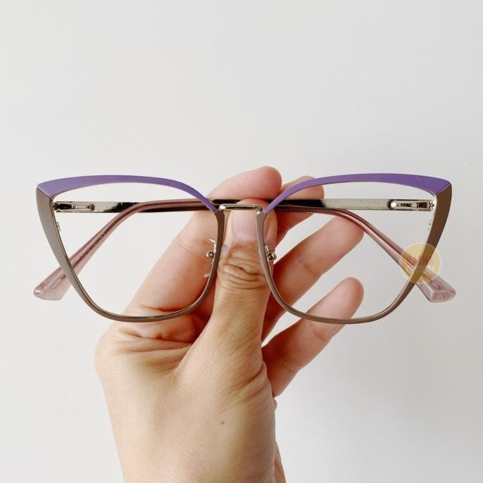 Frame Kacamata Wanita Kotak Cat Eye RO 086,Lensa Minus Ungu Coklat