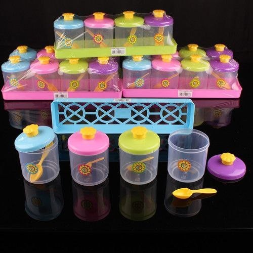 

FREE ONGKIR Tempat Bumbu 1 set berisi 4 toples + sendok + rak berbahan plastik food grade aman