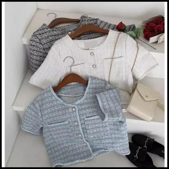 terbaru mon korean tweed blazer biru putuh hitam lengan pendek wanita premium promo