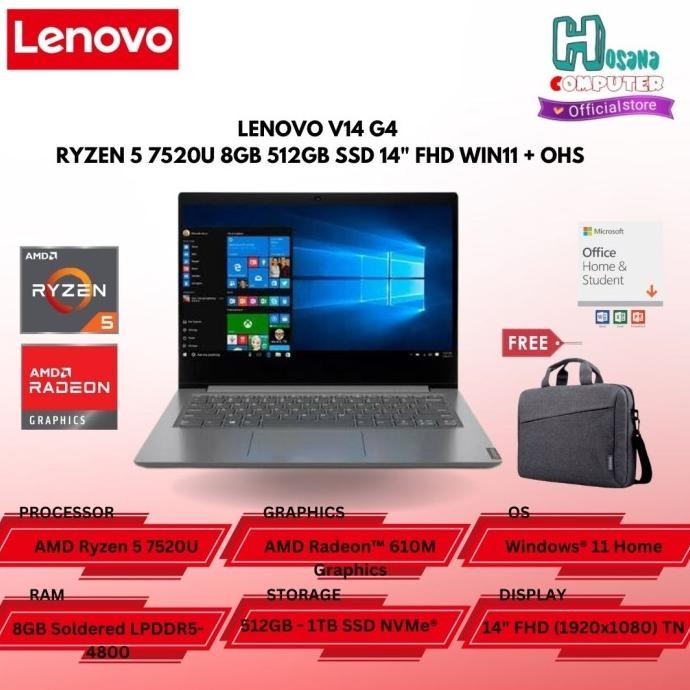 Laptop Lenovo V14 G4 - Amd Ryzen 5 7520U 8Gb 512Gb Ssd 14" Win11 + Ohs