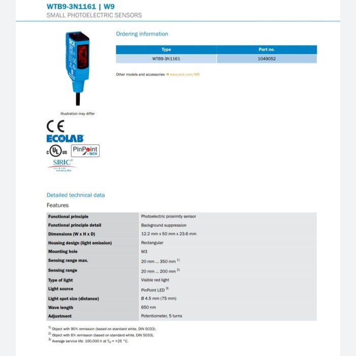 

Photoelectric Sensor WTB9-3N1161 SICK / Pn.1049052