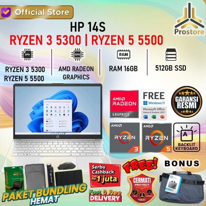 Hp 14S Ryzen 3 5300 Ryzen 5 5500 16Gb 512Gb W11+Ohs 14.0Fhd Ips Blit