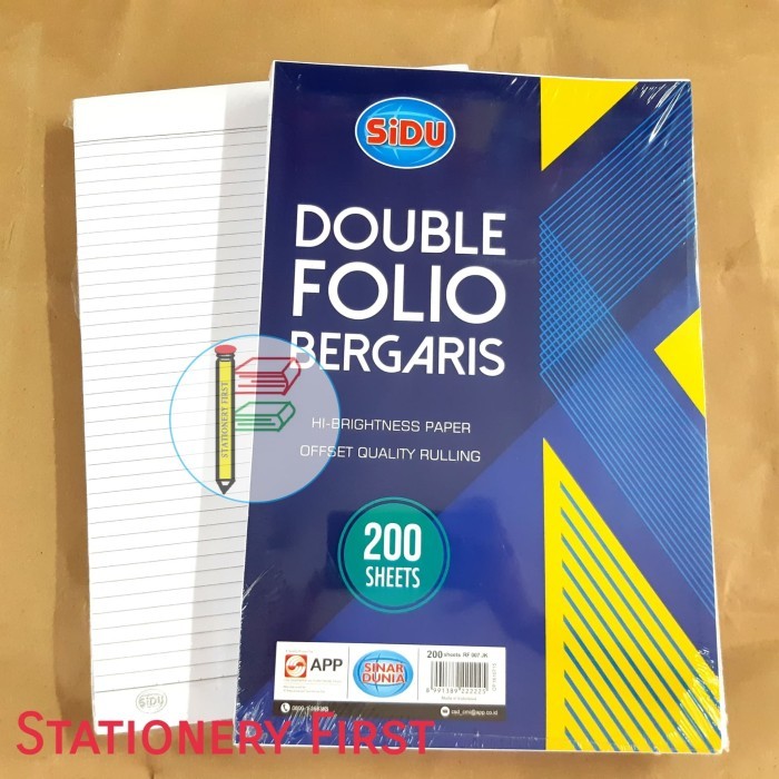 

Kertas Double Folio Bergaris isi 200 Lembar SIDU Sinar Dunia