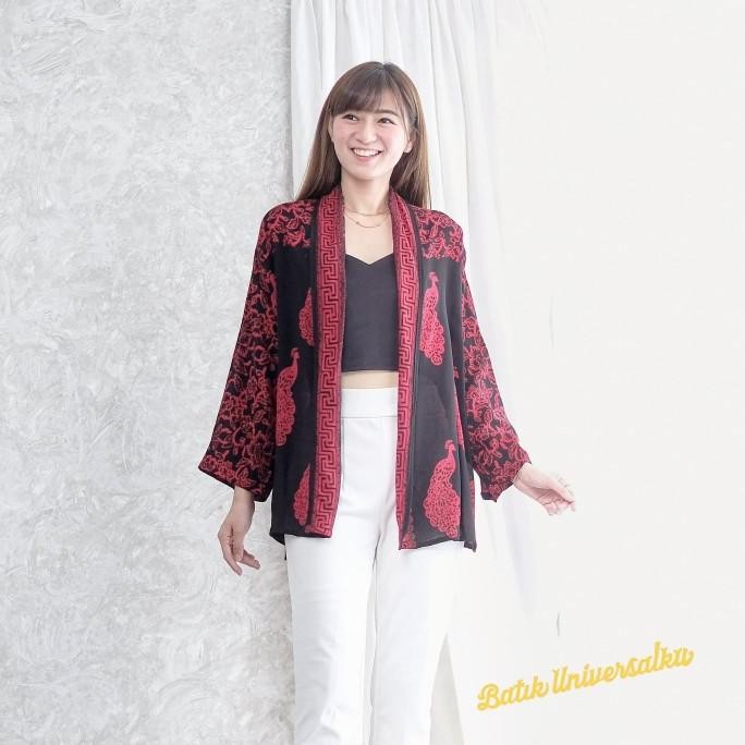 Outer Batik Wanita Cardigan Blouse Blazer Santai - Peacock Sogan Red