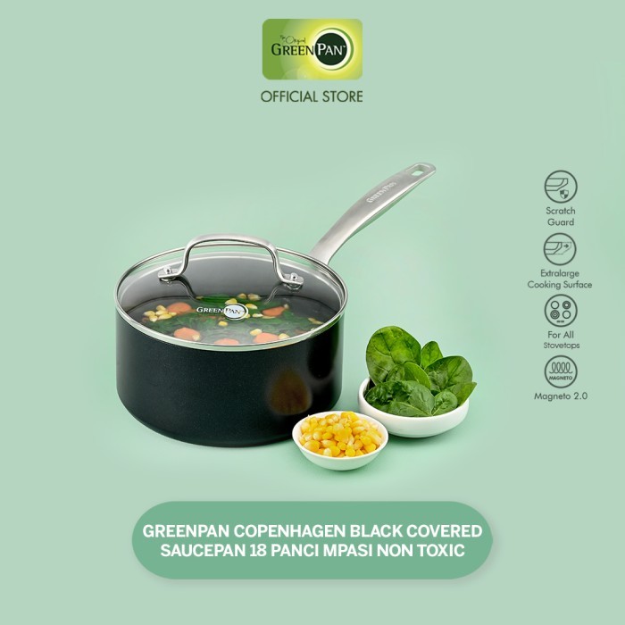 GreenPan Copenhagen Black Covered Saucepan 18 Panci MPASI Non Toxic