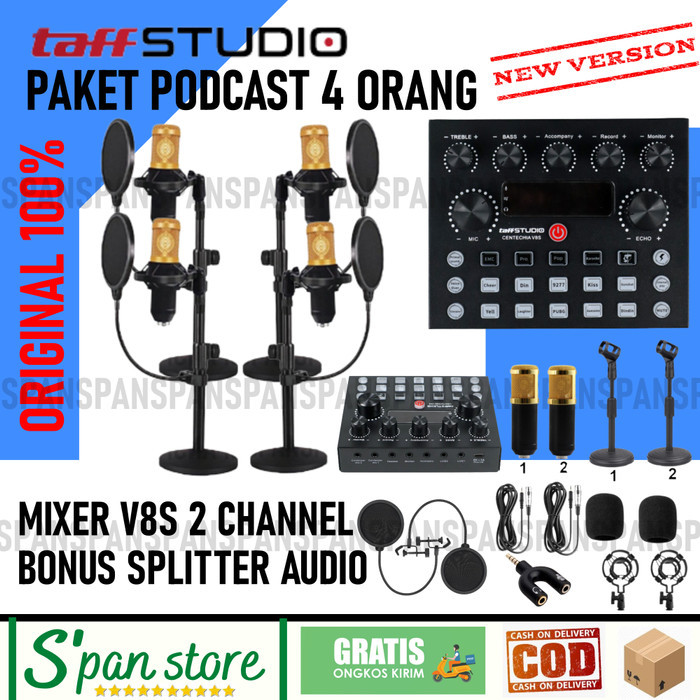 PAKET PODCAST 4 ORANG MIC MICROPHONE BM800 MIXER V8S HEADSET LENGKAP