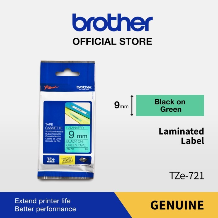 

Ready Brother Label TZe-721 Black on Green 9mm x 8m - Laminated Tape TZe721