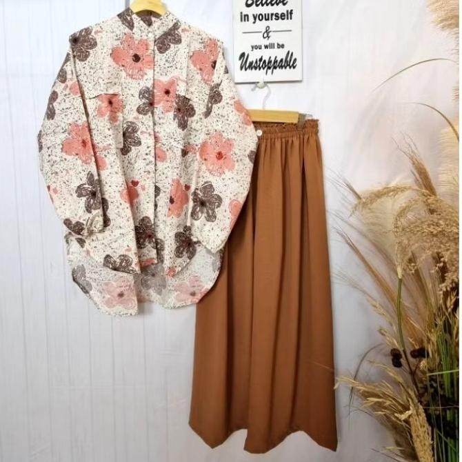 SETELAN WANITA CRINKLE MOTIF BUNGA TUNIK CELANA