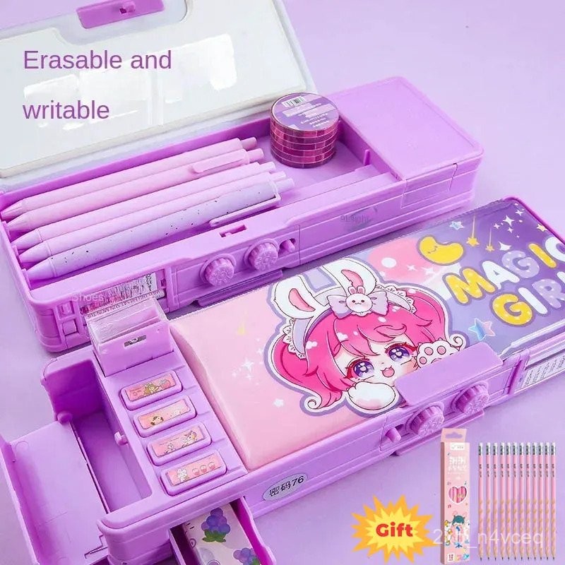 

Password Lock Multifunctional Stationery Box Intelligent Female High-tech Pencil Case Mechanical Girl Double-laye M1NS