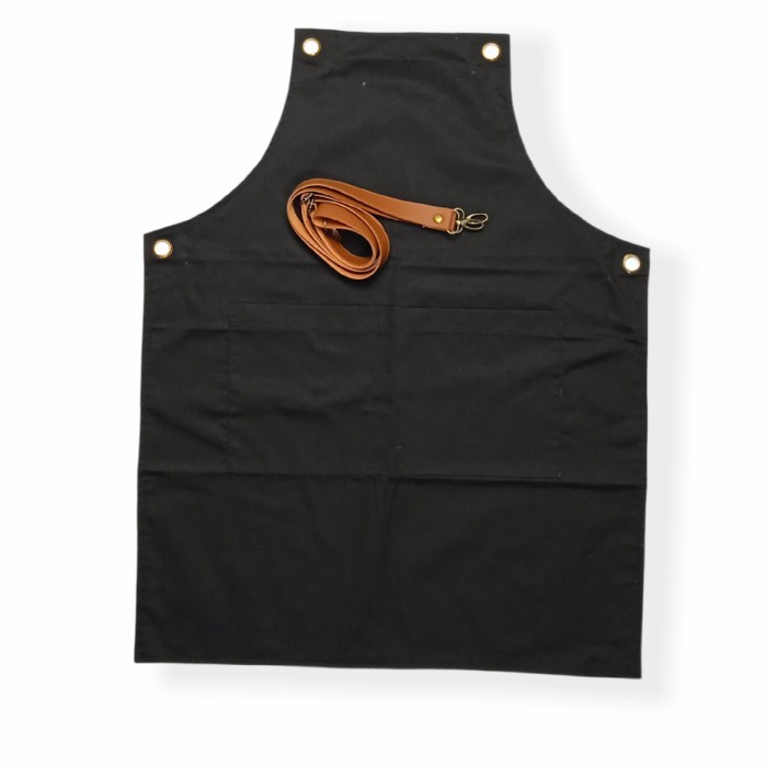 Apron Barista Coffee Shop Celemek Strap Kulit Hitam
