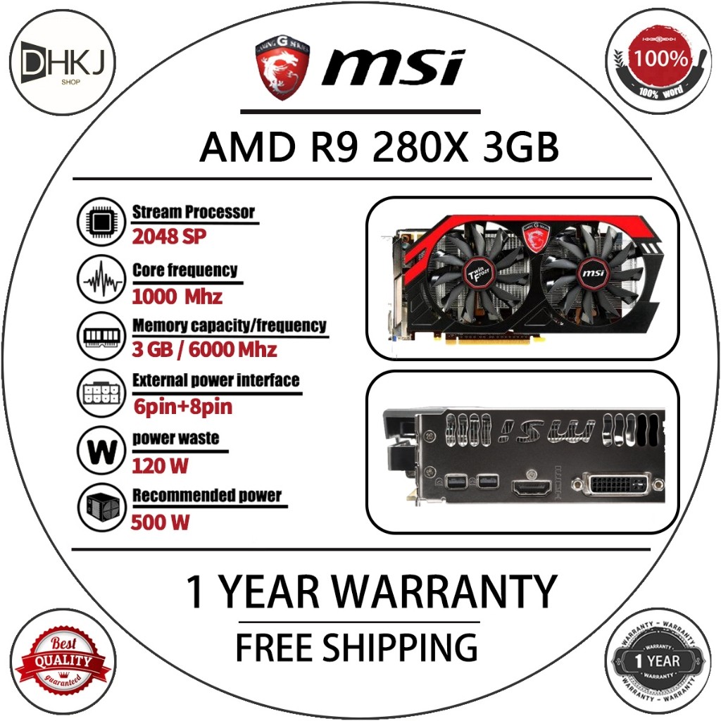 Kartu Grafis MSI R9 280X 3GB Bekas GDDR5 384bit Kartu Video Gaming DirectX 12 Komputer Desktop GPU D
