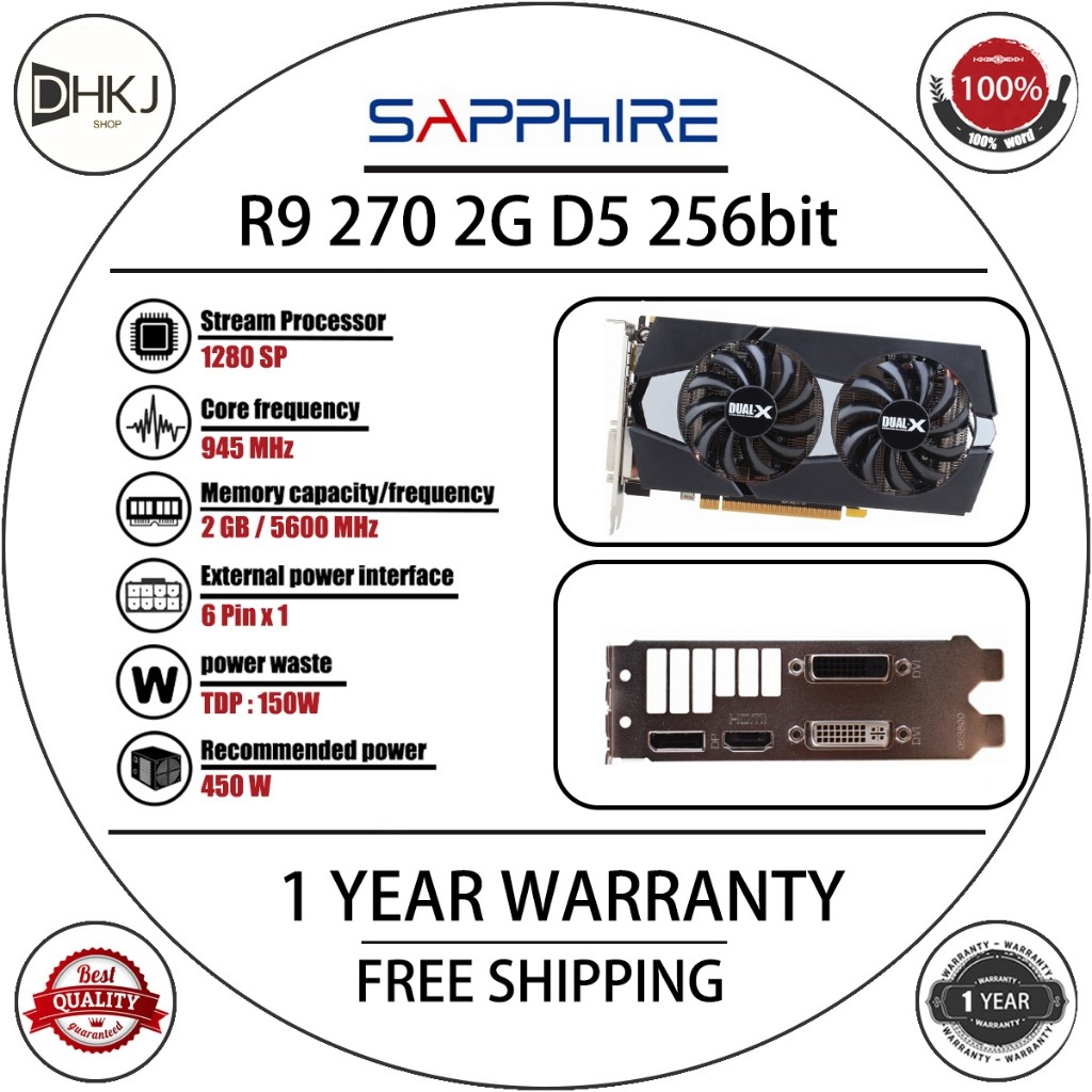 Sapphire R9 270 2GB GDDR5 OC 256bit Kartu Video AMD Radeon R9 270 2GB Kartu Grafis GPU Layar Desktop