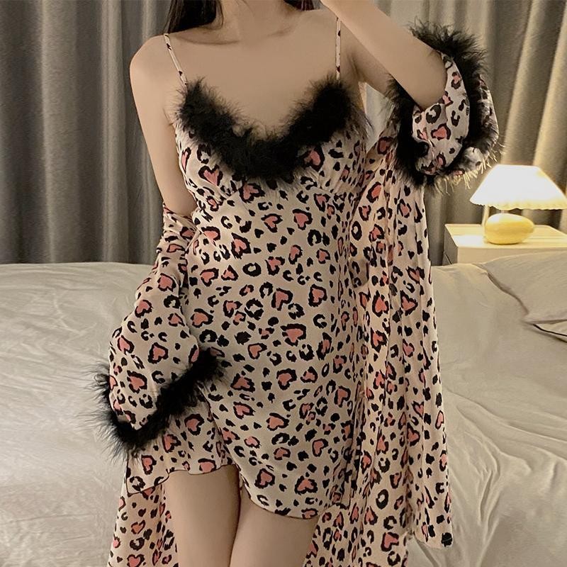 Setelan Baju Tidur Wanita, Motif Macan Tutul, Rok Malam