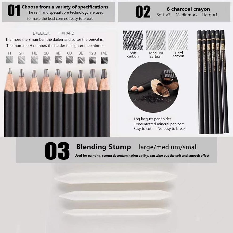 

eq-77 NYONI Sketch drawing pencil / pensil grafit charcoal arang 29 pcs set tin case Murah