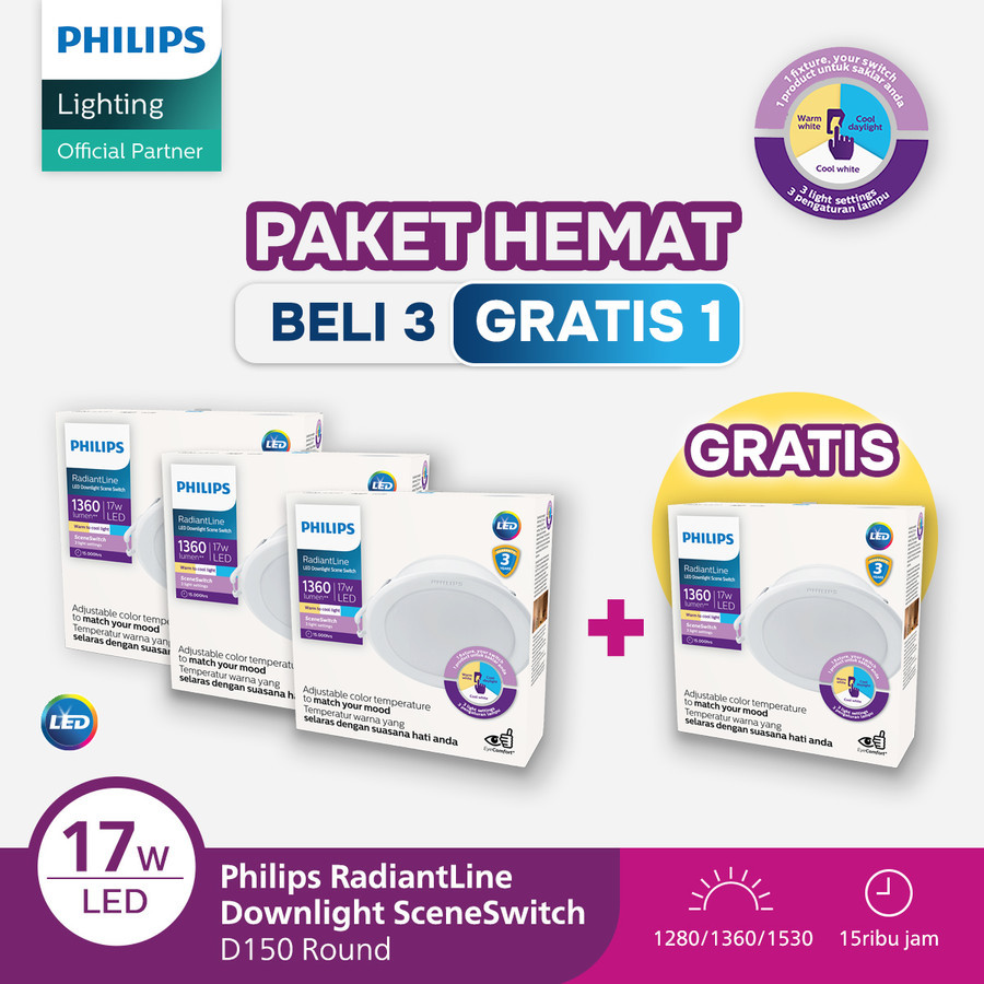 Philips Beli 3 Gratis 1 Downlight 3 Warna Radiantline Scene Switch 17W D150