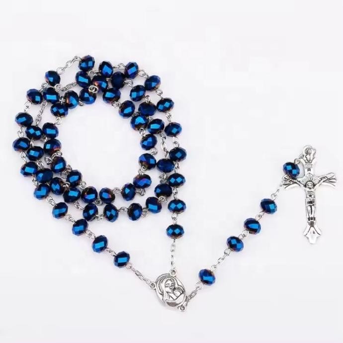 Kalung Rosario Biru Kristal - Kalung Rosario Katolik Premium Cantik HPID