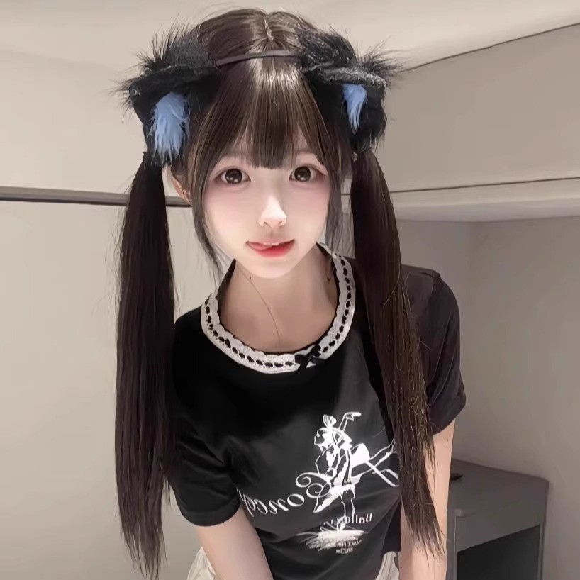 Xuchang Wig Hitam Panjang LurusLolitaShao Luo Qi Anak Perempuan, Lucu Poni Coklat Dingin60cmRambut L