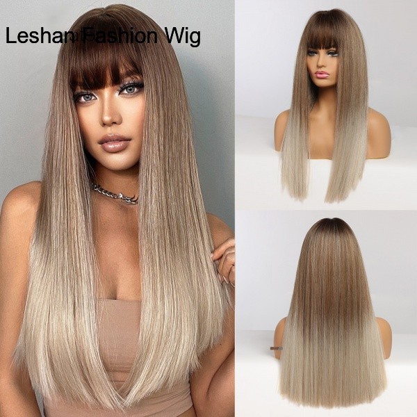 Wig Sintetis dengan Poni Wig Rambut Cosplay Ombre Hitam Coklat Abu-abu Panjang Lurus untuk Wanita Se