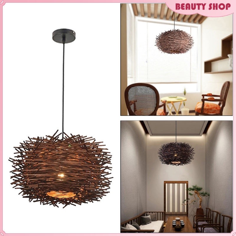Lampu Gantung Lentera Pedesaan Lampu Tunggal Rotan Tenun Lampu Gantung Langit-langit Kayu Alami Perl