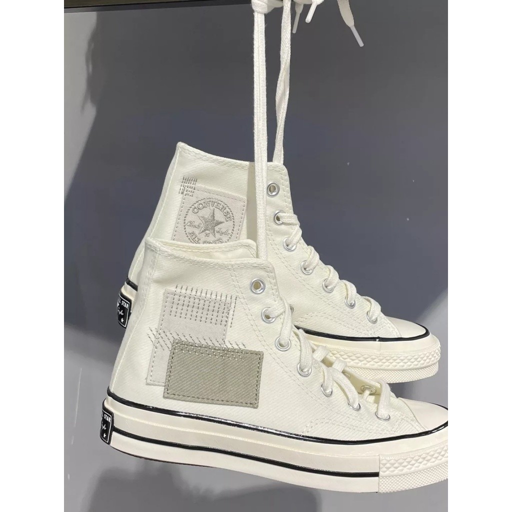 CONVERSE CHUCK 70 Sepatu Kanvas Tren Klasik Sulaman Jahitan Persegi Kain Logo Putih Khaki untuk Pria