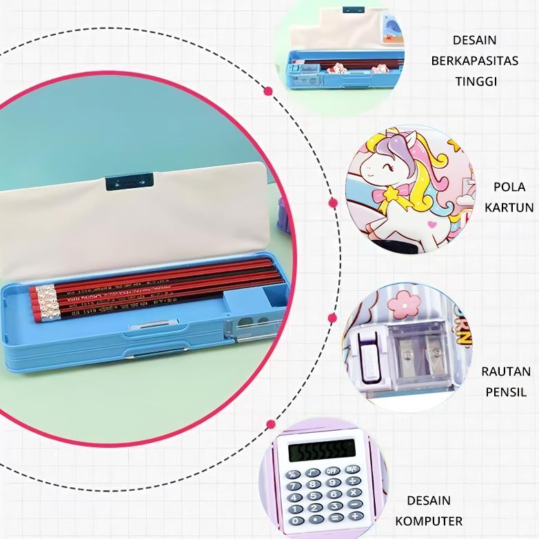 

yl-24 Tempat Pensil Magnet Karakter Anak Lucu Kalkulator / Kotak pensil pola unicorn kartun multifungsi Kalkulator ST-018 Original