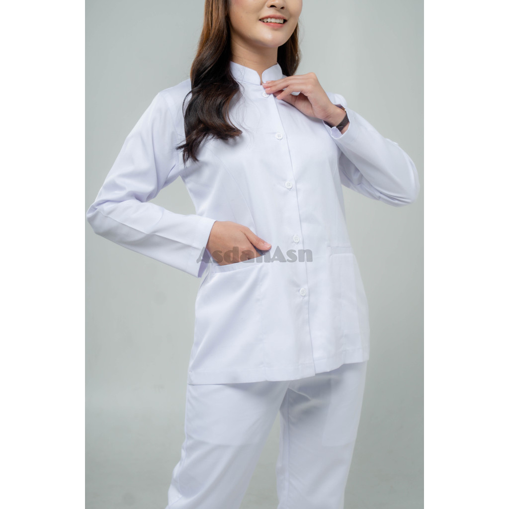 Baju Perawat Putih Wanita Lengan Panjang Seragam Putih Lengan Biasa/Karet Baju Perawat/Bidan