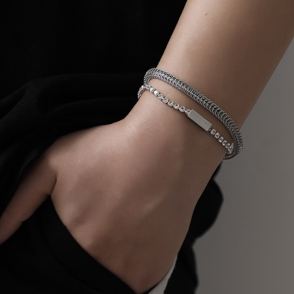 Gelang Rantai Berlian Ganda Pria, Perhiasan Gelang Baja Tahan Karat Penuh Berlian Bergaya Eropa dan 