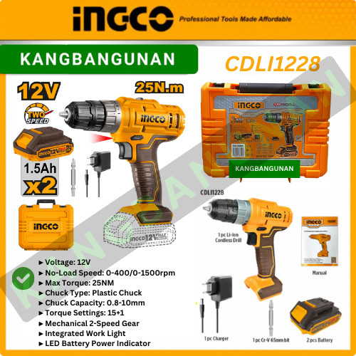 MESIN BOR CORDLESS INGCO 12V CDLI1228 DRILL BOR BESI KAYU BATERAI 25NM