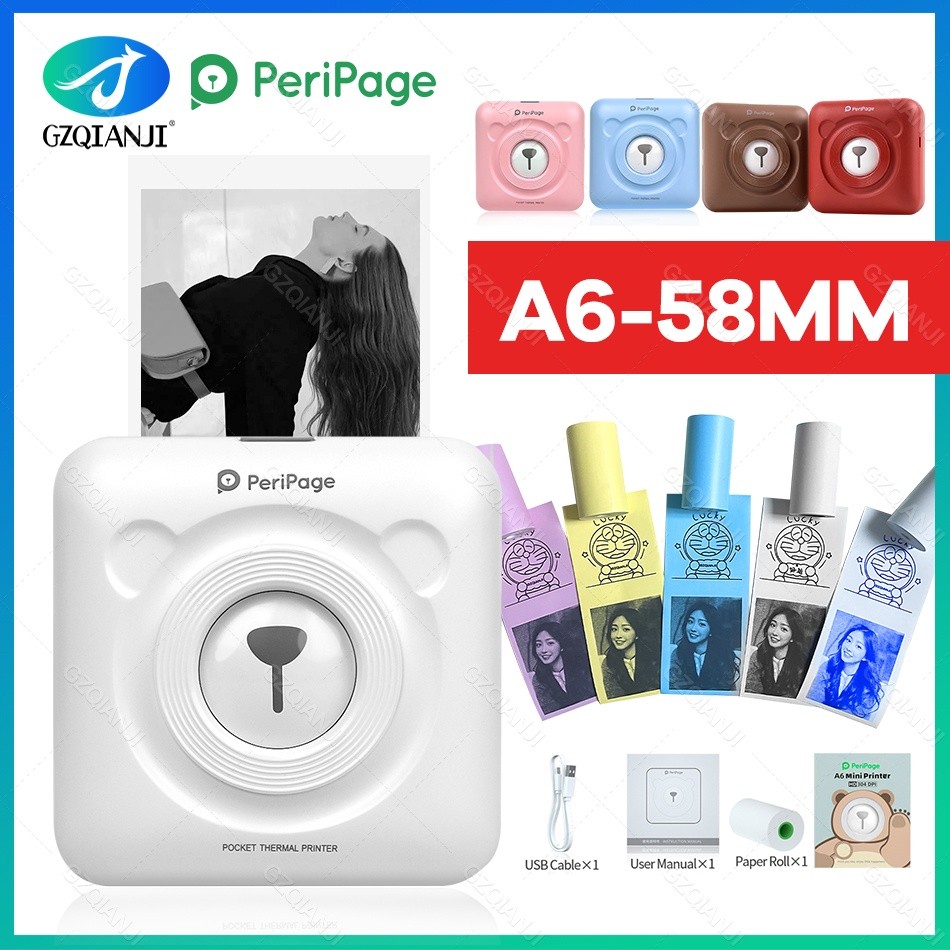 Peripage a6 mini printer termal portabel kertas kertas saku nada label printer 58mm printer bluetoot