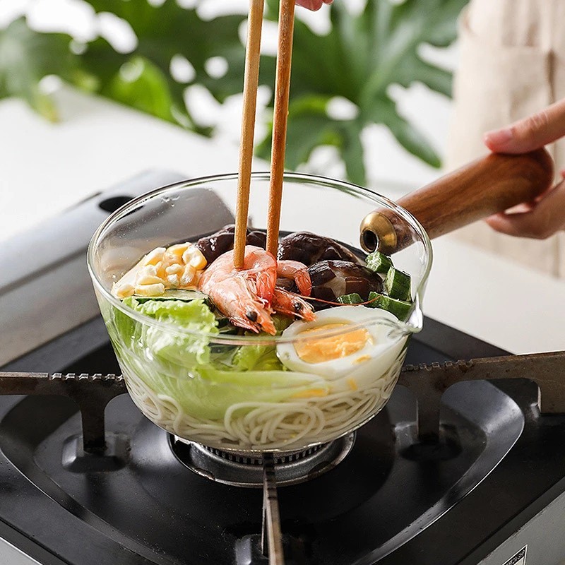 Panci Masak Kaca Panci Mie Instan Susu Panci Bubur Sup Gagang Kayu Peralatan Masak Dapur Pemanas Api