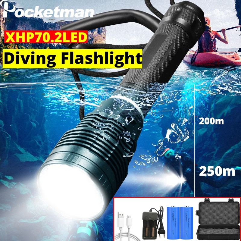 2020 XHP70 Lampu Selam untuk Senter LED Kuat Scuba Diving Bawah Air Terang 300M Senter Tahan Air Lan
