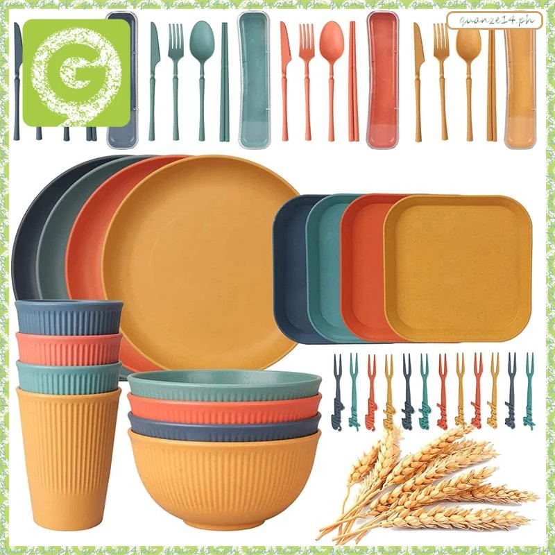 48pcs set peralatan makan yang tidak bisa dipecahkan untuk 4 orang, piring berkemah dan set mangkuk,