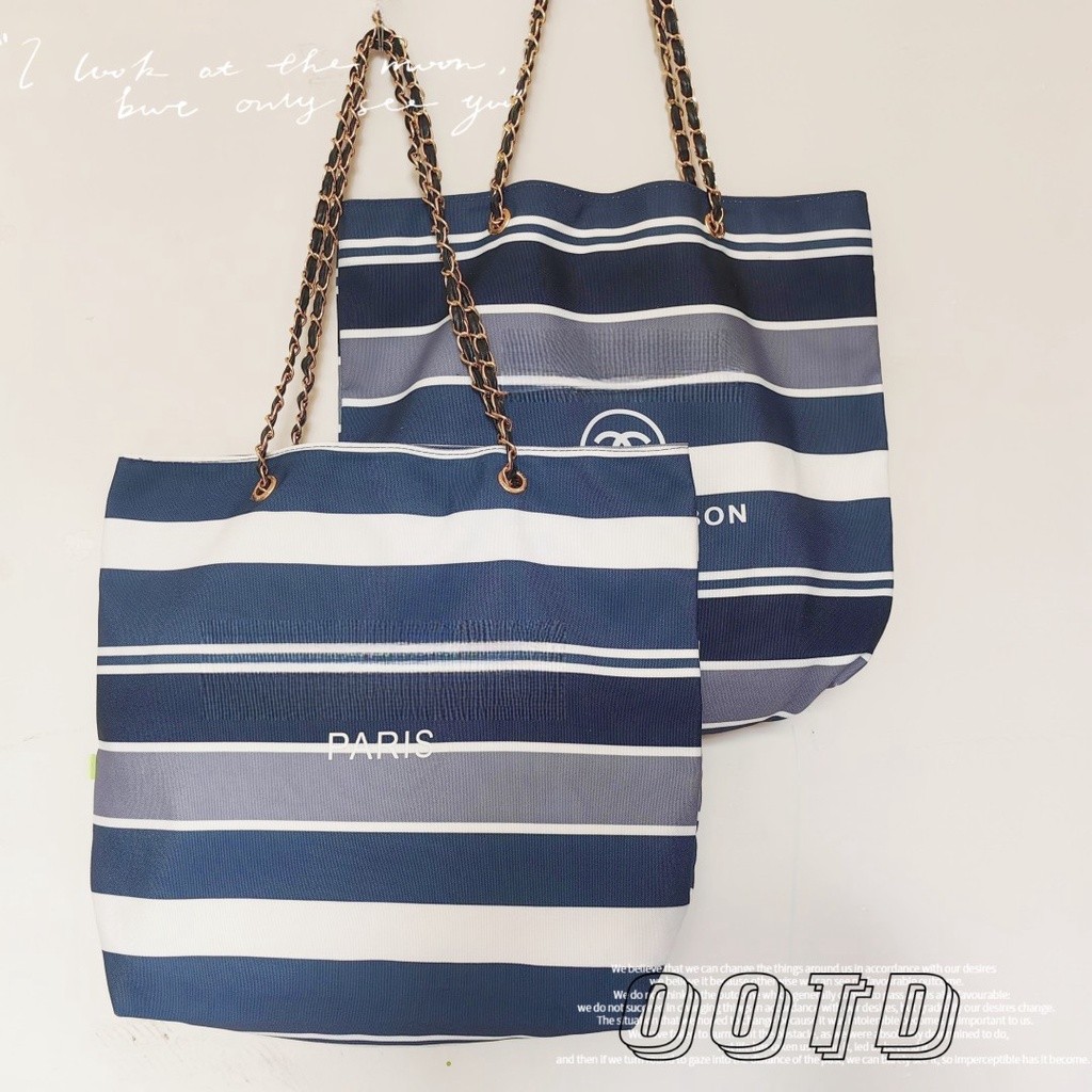 

Tas Garis Biru Hitam Putih Tas Kanvas Wanita Tas Bahu Rantai Tas Belanja Hadiah VIP Tas Pantai Kasual |Z57HYVps|