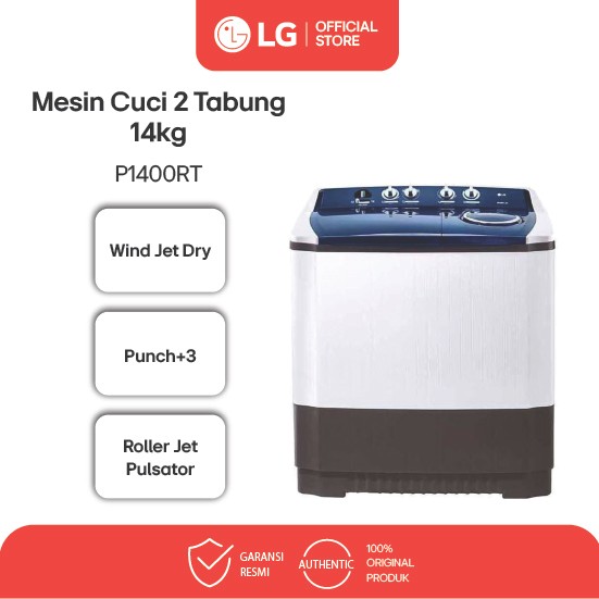 LG Mesin Cuci 2 Tabung / Twin Tub 14Kg - Roller Jet Pulsator - 3 Program Pencucian - Wind Jet Dry - 