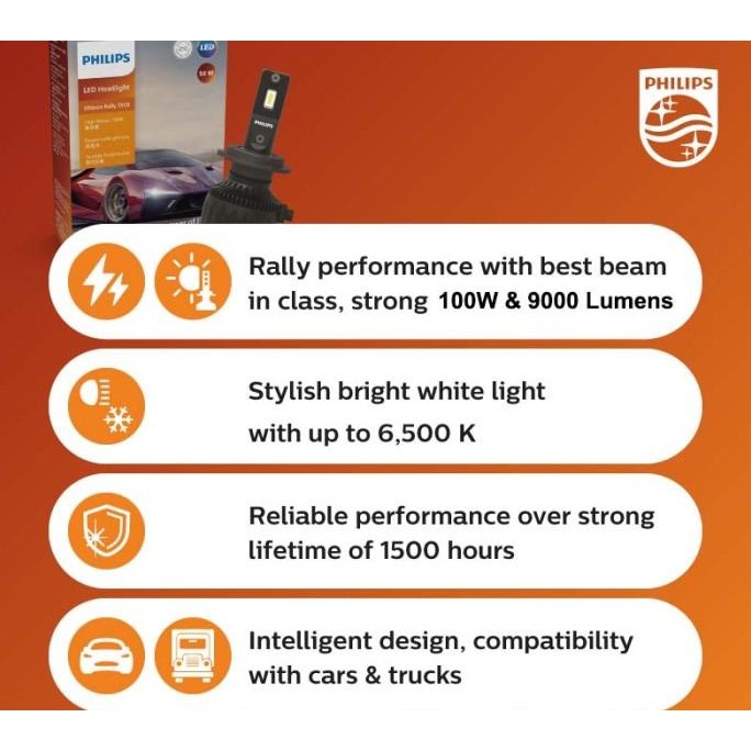 LED Philips Ultinon Rally 100 Watt Lampu Mobil H4 H11 H7 HB3 HB4 HIR2
