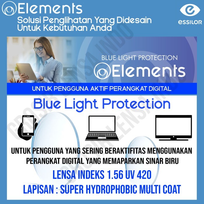 Lensa Essilor Elements Anti Blueray + Drive night vision 1.56