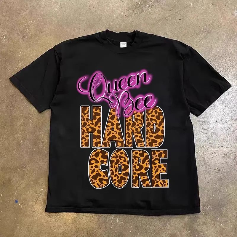 Kaos lengan pendek oversize bermotif macan tutul atasan pria dan wanita putih