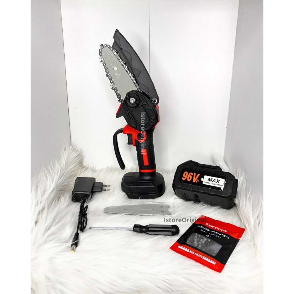 PANA Mesin Gergaji Rantai Portable 4 inch Baterai 96VF Alat Perkakas Tukang Gergaji Set Lengkap
