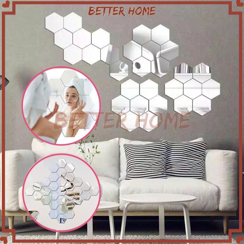Sticker Kaca Hexagonal Mirror Wall Decoration/Besar Cermin Kaca Hexagonal Mirror Dekorasi Hiasan Din