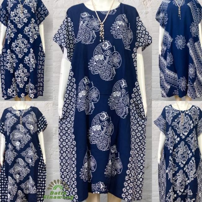 Daster Batik Kelelawar Jumbo "Cempaka Navy" Bahan Rayon