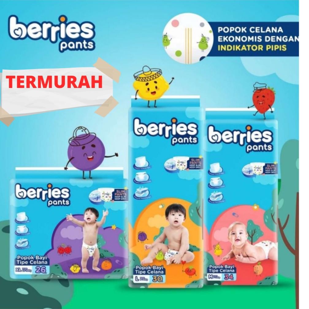 Kekinian Berries Popok Bayi Berries Pants / Tipe Celana M34 / L30 / Xl26 Mini Pack M9,L8,Xl7 BisaCod