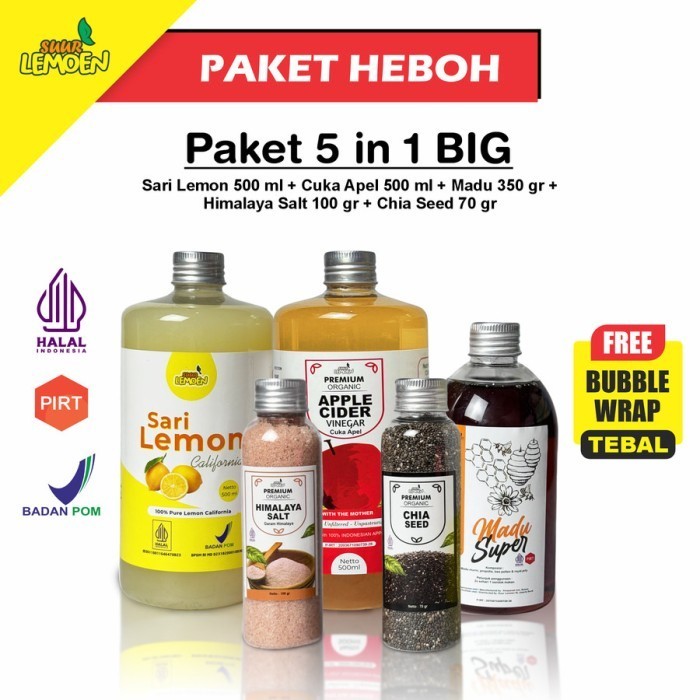 

Paket Detox Dan Diet Lengkap 5in1 LEMON - Paket Hemat Cuka Apel, Sari Lemon, Chia Seed, Madu Hutan,