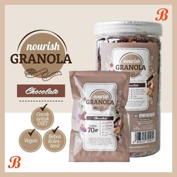 

| NN | NOURISH GRANOLA CHOCOLATE BEBAS KOLESTEROL TINGGI SERAT VEGAN - 70 GRAM