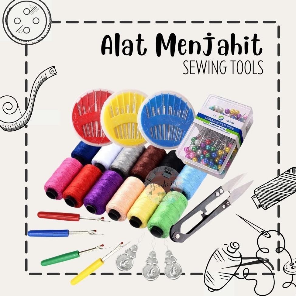 Benang Jahit Tangan Polyester Thread Set Jarum Pentul Baju Celana Jeans Kain Tas Kancing Mata Nenek 