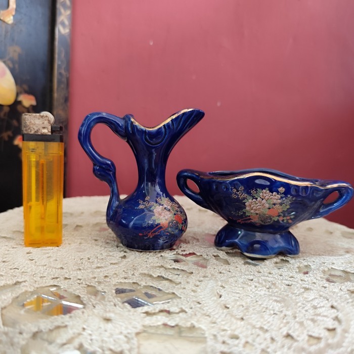 PAJANGAN ANTIK KRAMI VINTAGE GUCI&TEMPAT PERMEN MINI BLUE COBALT BUNGA