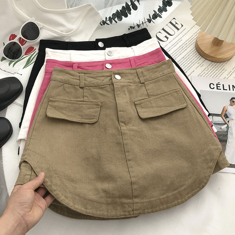 Rok Denim Khaki Pinggang Tinggi Warna Murni