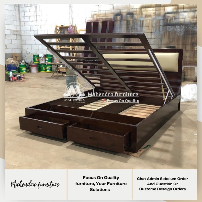 Dipan Tempat Tidur 160x200 Kayu Jati Hidrolik Penyimpanan 2 Laci Divan Laci Dipan Minimalis Jati