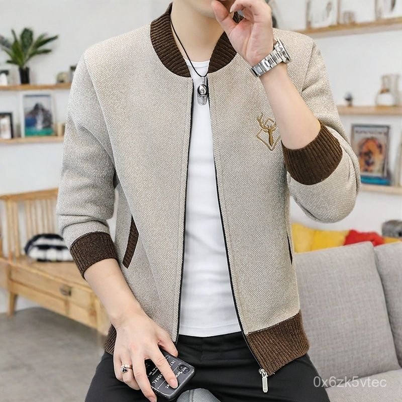 Kardigan Slim-Fit Pria, Pakaian Rajut Mantel Trendi Mudah Cocok Gaya Korea