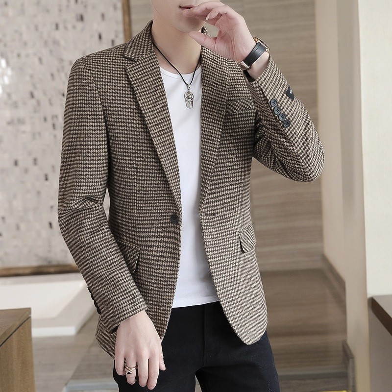 Jaket Pria Musim Gugur Jas Satu Kancing Klasik Houndstooth Gaya Korea Blazer Pria Tanpa Setrika Jas 
