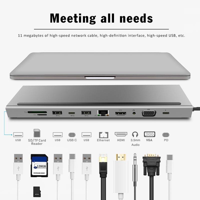 11in1 Type-C Docking Station Adaptor USB C HUB ke HDMI 4K VGA 3.5mm RJ45 SD/TF Reader USB3.0 PD Char